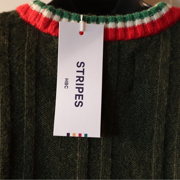 Green Ribbed Crewneck Sweater with Stripes - Picture 3 of 8